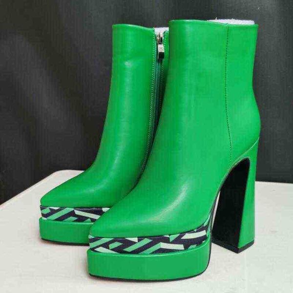 Botas de mujer Impresión de moda Tobillo de mujer Otoño Invierno Nueva Plataforma de tacón alto grueso Zapatos de fiesta con punta en punta Verde Rosa Tamaño grande 221116