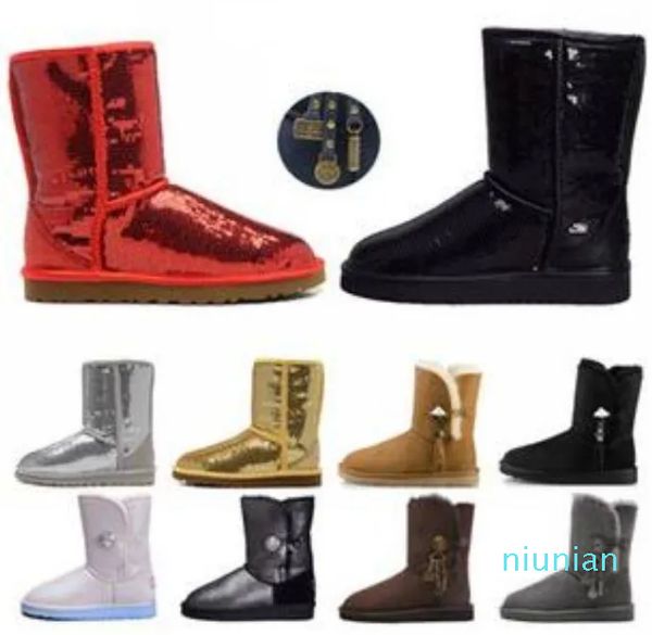 Femmes bottes paillettes paillettes classique designer neige bottes d'hiver cheville Mini court genou étincelles bouton Bling botte directe