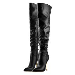 Femmes Boots Leather 2024 Martin Pillage Toe Gold High Heels Knight High-High Boots Bottises à hauteur du genou