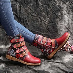 Women boots Leather New Socofy Female Retro Printed Metal Buckle Soft Leather Zipper Ankle Boots Shoes Women Botines Mujer 6981 L230704