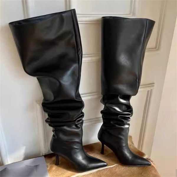 Femmes bottes en cuir chaussures hiver cuisse à talons hauts bottes longues grande circonférence Spicy Girls mode bout pointu talon mince sur le genou large bottes s'empilent 230830