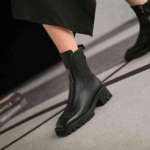 Femmes bottes nouvelle mode en cuir véritable fermeture éclair cheville 2022 hiver bout carré talon épais chaussures faites à la main Zapatos De Mujer 220607