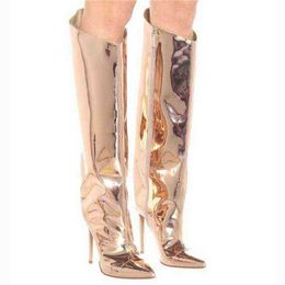 Femmes bottes nouveau pointu mince talon haut Tube moyen à la mode en métal cuir 12Cm grand genou femmes 07091011