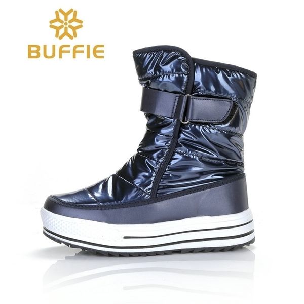 Botas de mujer nuevo estilo moda azul marino botas de invierno impermeable brillante superior forro de piel suela antideslizante Rusia tamaño grande fast go 201027