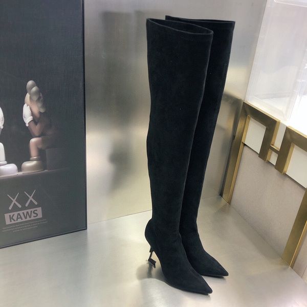 Femmes bottes sur le genou bottes lacets S support de lettre en métal chaussures décontractées à talons hauts bas en cuir véritable mode cachemire élastique marque de luxe pour femmes