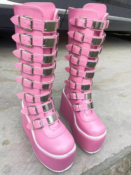 Femmes bottes plus taille nouvelle plate-forme épais talons bottes femme punk gothique noire boucle chaussures femme mode hauts chaussures de talon genou-hauteur pour les chaussures de filles