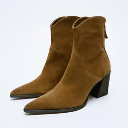 Femmes bottes TRAF Vintage marron Cowboy bottines automne mode bout pointu bottes à glissière talon épais femme botte femme 240115