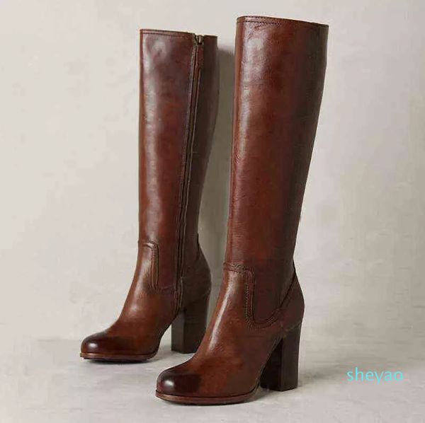 Femmes bottes femme bout rond talons carrés haut Tube marron pour cuir Pu fermeture à glissière latérale chaussons confortables chaussures d'hiver concises