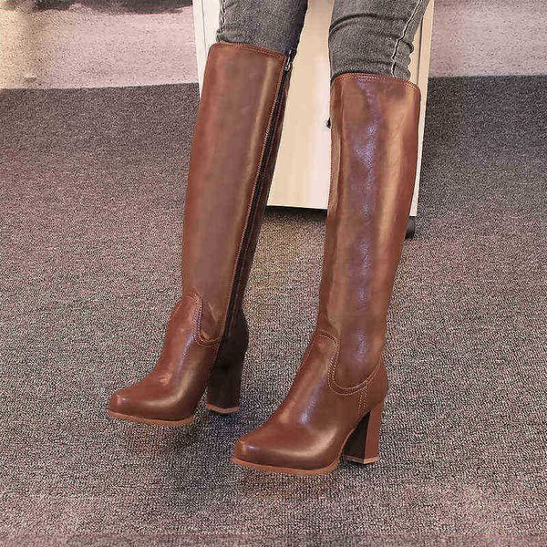 Femmes bottes femme bout rond talons carrés haut Tube marron pour cuir côté fermeture éclair chaussons confortables concis chaussures d'hiver 0709