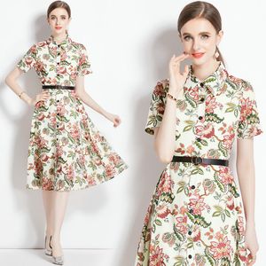 Dames boetiek bloemenjurk shirt jurken met korte mouwen 2023 zomer herfst geprinte jurk high-end ol lady jurk mode elegante bloemen shirt jurken