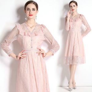 Robe en dentelle à volants pour femmes, tenue Boutique, manches longues, col en v, haut de gamme, Noble, robes en dentelle, robes de piste OL, robe de soirée