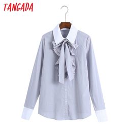 Femmes noeud papillon chemises à manches longues solide col rabattu élégant bureau dames vêtements de travail Blouses 6Z51 210416