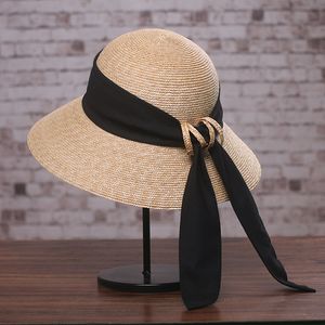 Vrouwen strik strand stro hoed zomer outdoor sunscreen cap fashion vintage koepel top brede rand hoeden