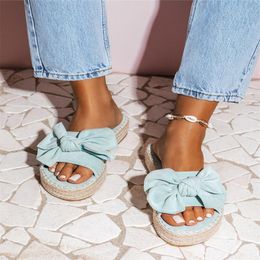 Vrouwen Bowknot Slippers 2021 Zomer Casual Beach Muffin Slip On Platform Ladies Sandalen Dress Party Peep Toe Vrouw Blue