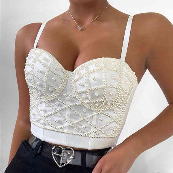 Femmes Bra Sexy Hot Solid Mode Bretelles Perle Perlée Élégant Taille Haute Slim Top Tempérament Femme Court Top 210422