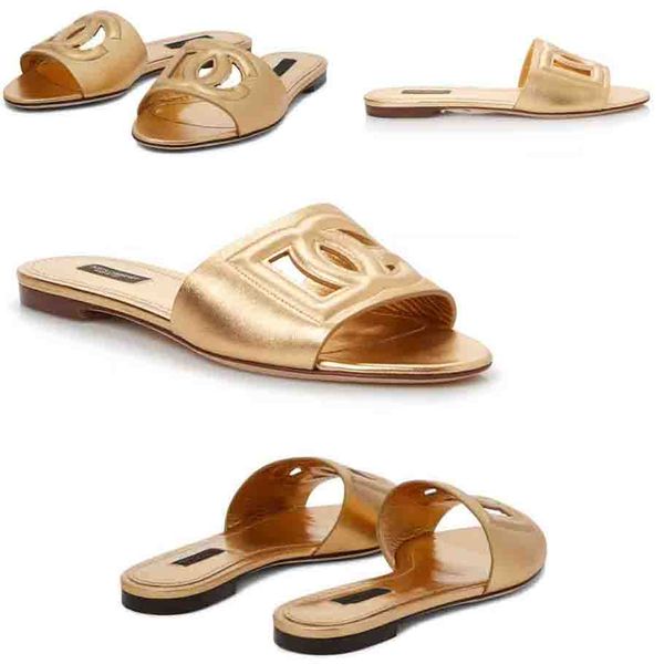 Chaussures de marque pour femmes sandale pantoufle Logo découpé Sandales à glissière plates en cuir véritable et semelle en caoutchouc pantoufles plates extérieures avec taille de boîte EU35-42