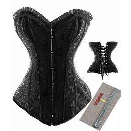 Vrouwen bruids jacquard stalen bot overbust corset lingerie top lichaam shaper sterk veter corselet met geplooide ruche trim plus size s-6xl