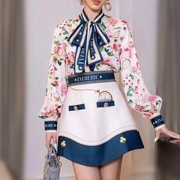 Dames Britse Lente Runway Retro Bows Shirts Lange Mouw Blouse En Onregelmatige Bottons Rokken Pak Feestkleding Sets NS359 240309