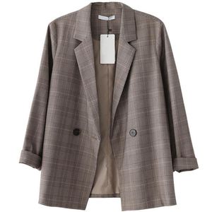 Vrouwen Bruin Plaid Blazers 2020 Nieuwe Mode Dame Kantoor Werkpak Zakken Jassen Jas Casual Losse Tops Lange Mouw Femme Blazer LJ201021