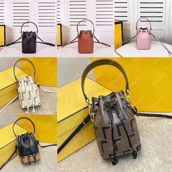 Bolso de cubo para mujer 2F Mini cubos de cuero marrón Bolsas con cordón de metal adornado Negro pintado a mano Patrón elevado U8aq #