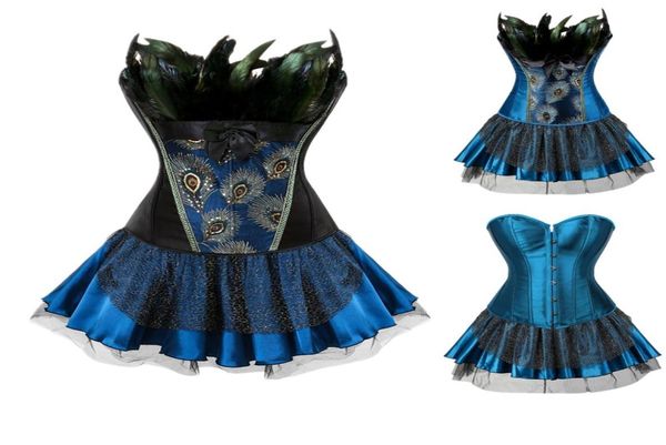 Femmes Burlesque Corset Jupe tenue plus taille S6xl Plumes Ruffle Peacock Broderie Brocade Overbust Corset avec Mini T3547104 en couches