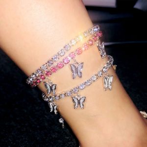 Dames Butterfly Anklets Iced Out Tennis Ketting Been Armband Strand Anklet Strass Zilver Goud Dier Hanger Charms Mode Voeten Sieraden