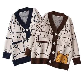 Pull en tricot boutonné pour femmes, manches longues, col en V, motif de chat de dessin animé, Cardigan ample pour automne hiver, café/bleu marine
