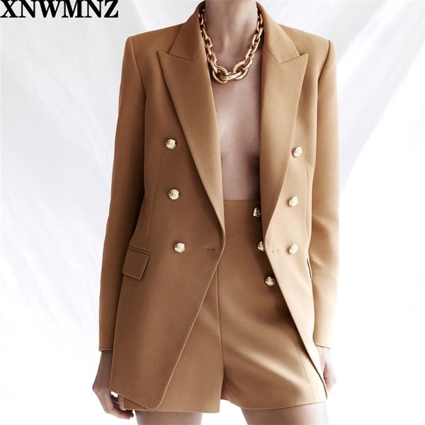 Blazer femme boutonné Manches longues Col à revers Épaules définies Poches à rabat Vent croisé Bouton en métal camel 210520