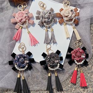 Vrouwen Camellia Keychain Tassel Flower Key Ring Chains sieraden Imitatie Parel Pendant Keyrings autosleutels Holder Luxe Fashion Bag Charm Fobs