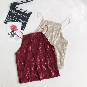 Vrouwen Camis Knipperende Glitter Crystal Sexy Vest Tanks Top Mouwloze T-shirt Solid Show Belly Button Sequined Fitness Shirts 210423