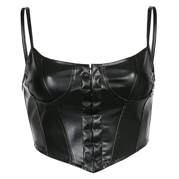 Débardeur Sexy en Faux cuir pour femmes, bretelles Spaghetti, Corset sur le buste en PU, col licou, bustier désossé, haut court