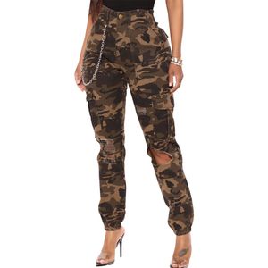 Pantalon Cargo de Camouflage pour femmes, trou décontracté, taille haute, coupe ajustée, survêtement de Camouflage, avec poches