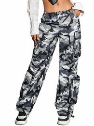 Femmes Camo Print Cargo Pantalon 2023 Trendy Street Cordon de serrage à la taille Poches latérales Parachute Pantalon Hip Hop Pantalon de survêtement G8ky #