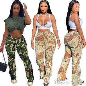 Vrouwen camouflage gestikte wijd uitlopende broek gesplitste skinny jeans met hoge taille in contrasterende kleuren Lady Trousers