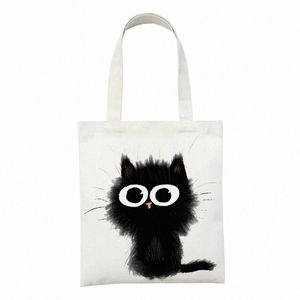 Vrouwen Canvas Tas Grappige Zwarte Kat Print Vrouwelijke Herbruikbare Winkel Totebags Meisjes Studenten School Bookbags 151b #