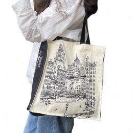 Vrouwen canvas schoudertas Venice City Print Ladies Shop Tassen Cott Cloth Fabric Grocery Handtassen Tote Books Bag voor meisjes C8JV#
