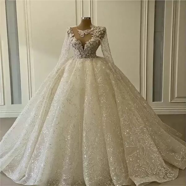 Paillettes robe de bal robes de mariée manches longues pure cou appliqué paillettes perles robes de mariée de luxe Dubaï sur mesure Vestidos De Novia 0421