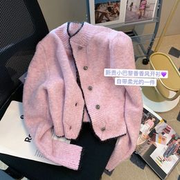 Vrouwen vest roze o-neck trui lente herfst nieuwe schattige meisjes tops zoet gebreide Koreaanse chique single breasted short coat 2023