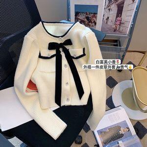 Femmes Cardigan printemps automne pull Chic nœud doux tricoté côtelé mode coréenne poche Patchwork vêtements filles décontracté 2023