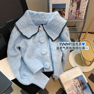Femmes Cardigan doux coréen Chic pull mode bleu col claudine tricoté côtelé vêtements ample chaud Floral bouton 2023