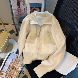 Femmes Cardigan fermeture éclair pull mode coréenne tricoté poche Patchwork décontracté automne hiver nouveau Chic chaud doux manteau ample 2023