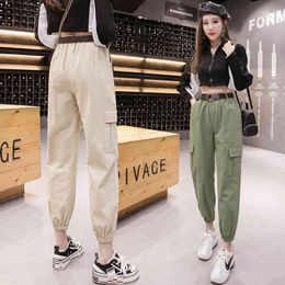 Vrouwen vracht broek lente zomer mode vrouwelijke hoge taille losse harem pant zak casual broek streetwear met riem 210423