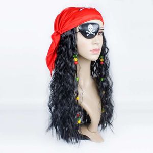 Frauen Karneval Perücke Haar Hut Kappe mit Zöpfen Cosplay Piraten Kapitän Kopftuch Augen Maske Dress Up Requisiten