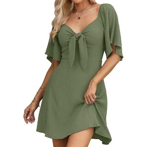 Vrouwen Casual A-lijn jurken Korte Mouw Spring Summer Sexy Deep V Neck Elegant Bow Tie Mini Dress