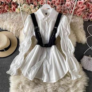 Dames Casual All Match Two Pieces Set Black Riem Vest + Long Puff Sleeve White Shirt Blouse Korean Cool Streetwear 210519