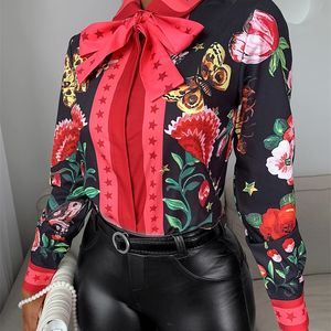 Femmes décontracté automne col rabattu Chic en mousseline de soie Blouse cravate cou Floral à manches longues dames chemise 220307