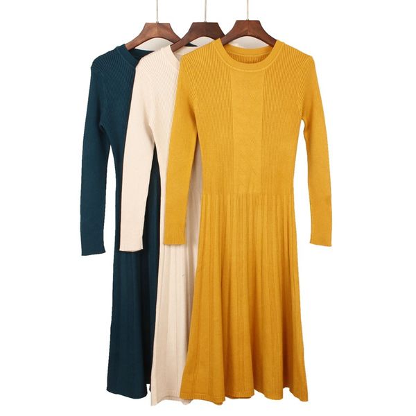 Femmes décontracté automne hiver femmes robe pull mi-mollet longue Chic robes féminines a-ligne doux côtes robes tricotées