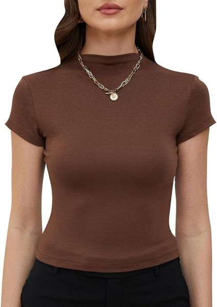 Tops cortos básicos informales para mujer, camiseta Modal de manga corta, Top ajustado tipo Mailard