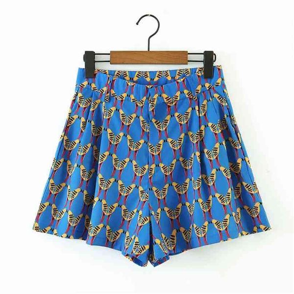 Femmes Casual Beach Style Wild Bird Print Za Blue Shorts Summer Chic Lady Fashion Taille haute Zipper Loose Pantalon court Costume 210714