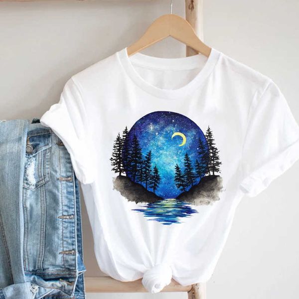 Mujeres Casual Dibujos animados Luna Estrella Noche Impresión Damas Kawaii 90s Moda Ropa Imprimir Camiseta Femenina Tee Top Gráfico Camiseta X0527